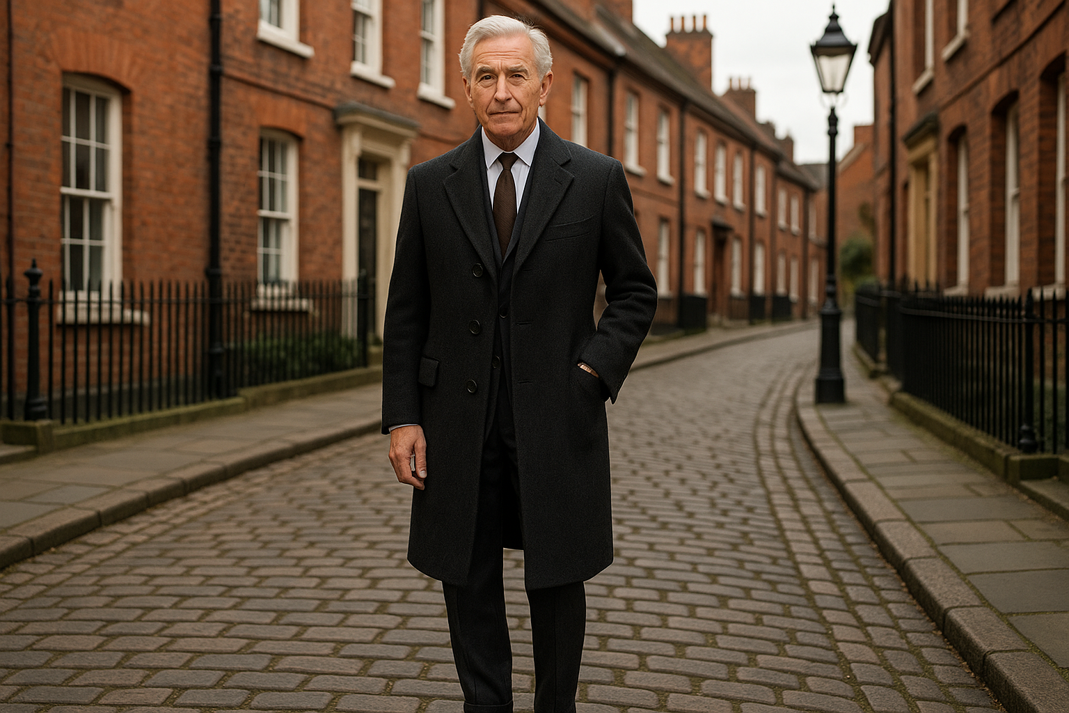 Een oudere man die poseert in een engelse straat met klassieke mode